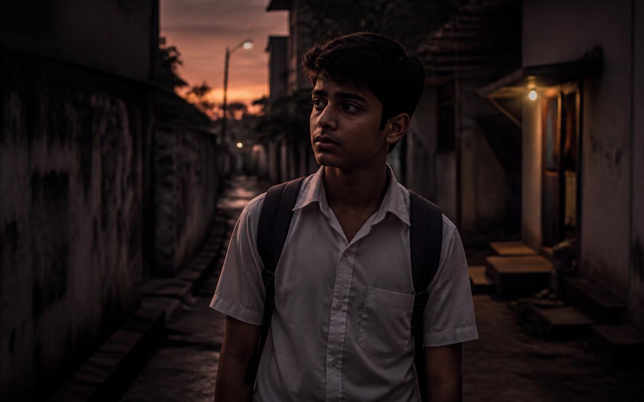 Cinematic still of a Class 10 student in a lane at dusk